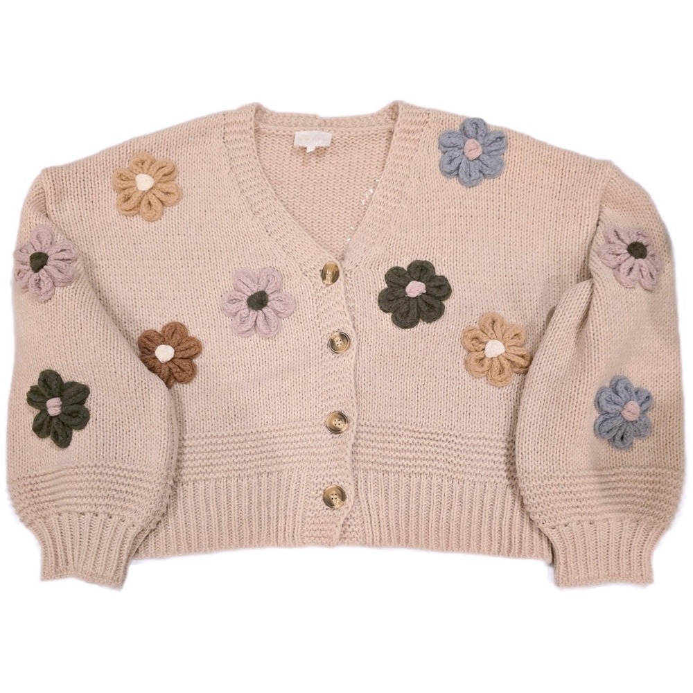 Entro Floral Applique Cardigan Sweater Large L Chunky Knit 3D Flower Crop Beige‎